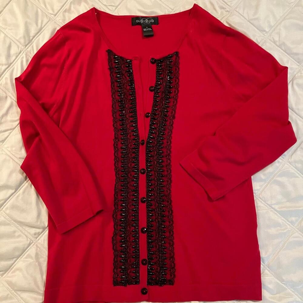 AUGUST SILK L Cotton Button-Down Cardigan Lace Detail 3/4 Sleeve Office Party